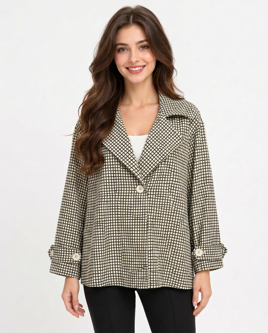 Madeleine-Rose Plaid Midi Jacket – Button-Front Collared  Voile