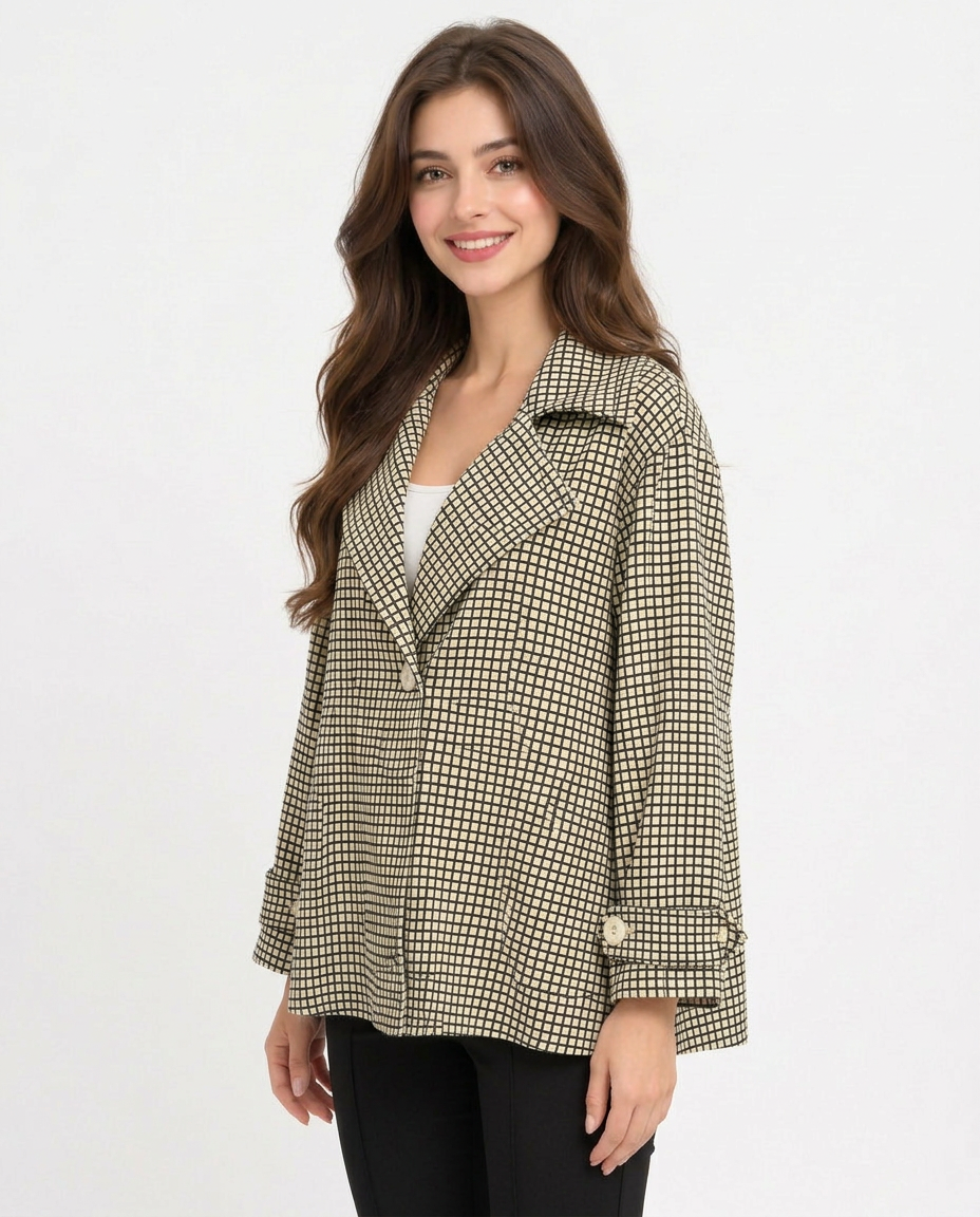 Madeleine-Rose Plaid Midi Jacket – Button-Front Collared  Voile