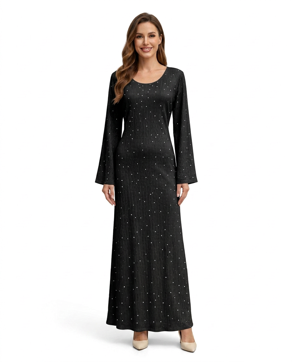 Marceau Elegant Evening Dress – Pull-On Long Sleeve  Voile