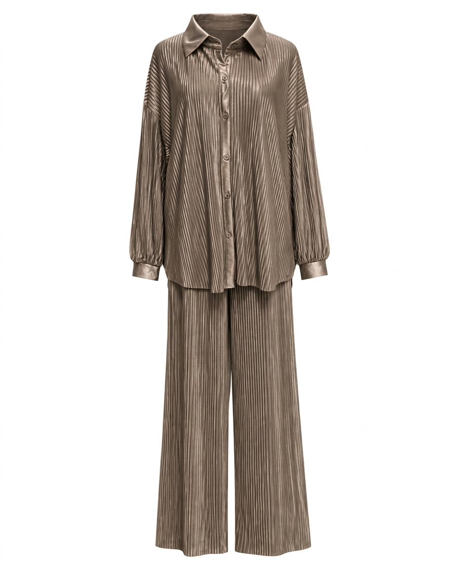 Linette Pleated Midi Co-ord Set – Button-Front Collared  Voile