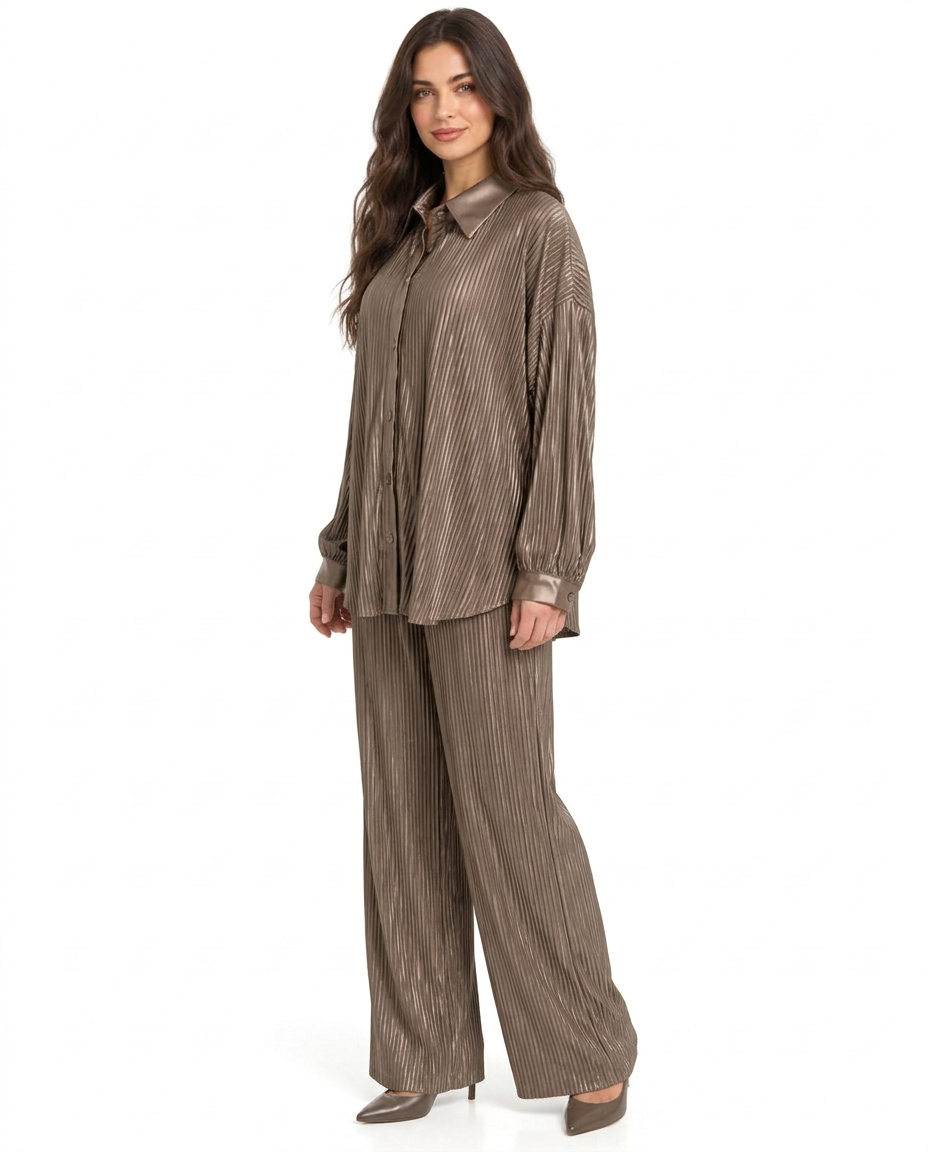 Linette Pleated Midi Co-ord Set – Button-Front Collared  Voile