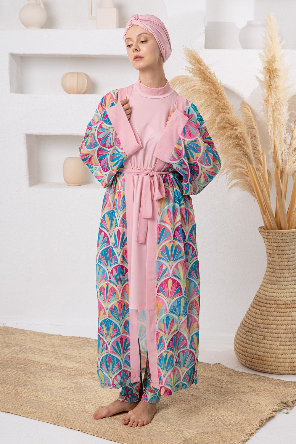 Salome Leaf Print Maxi Burkini – Belted Long Sleeve  Voile