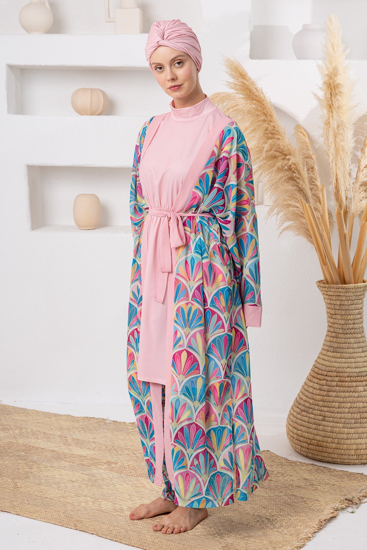 Salome Leaf Print Maxi Burkini – Belted Long Sleeve  Voile