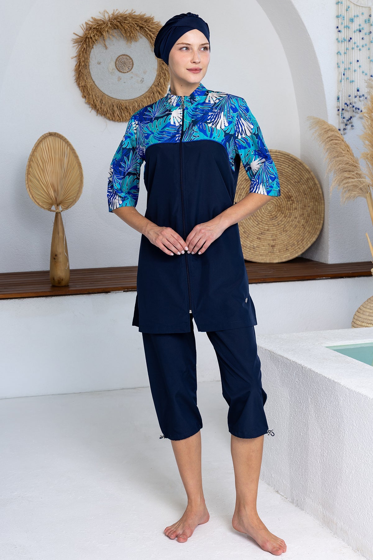 Solene Leaf Print Midi Burkini – Elbow Sleeve  Voile