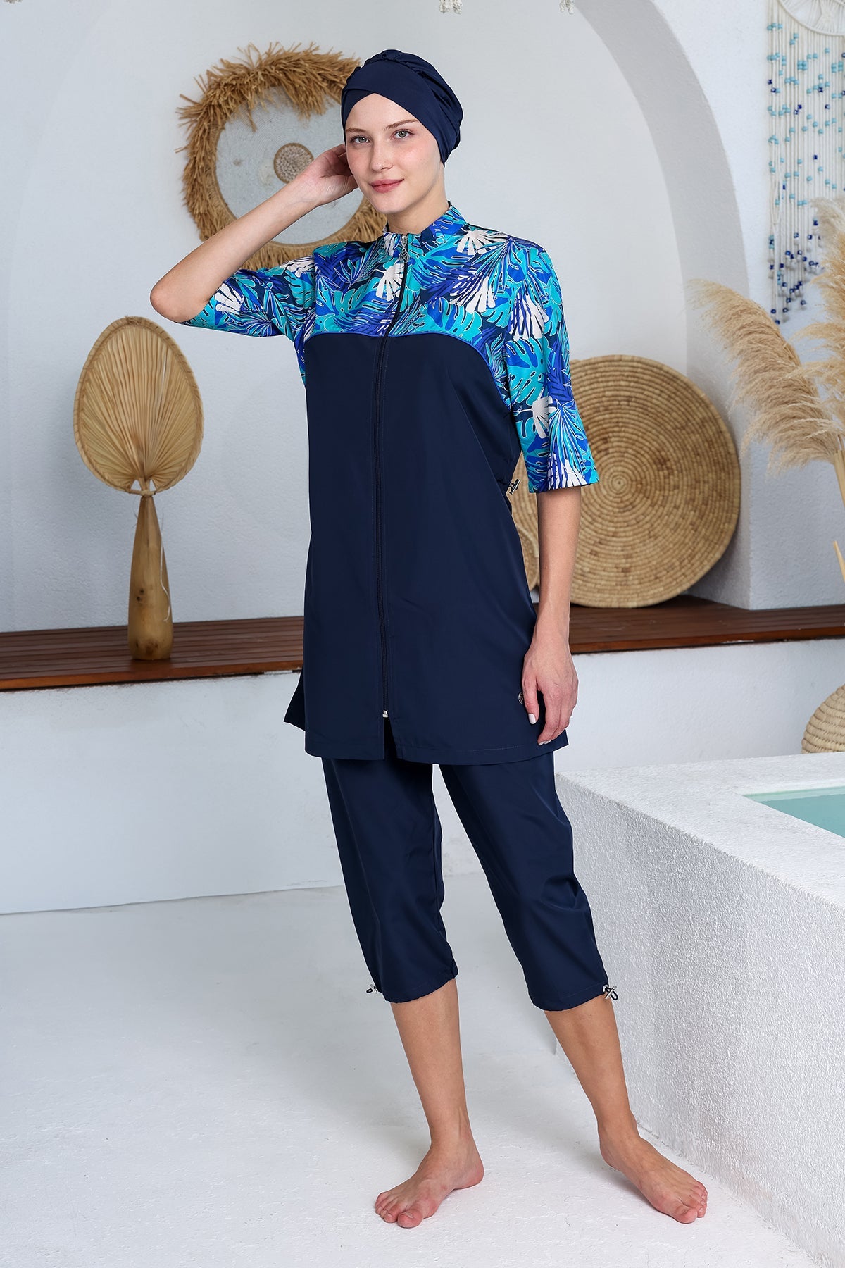 Solene Leaf Print Midi Burkini – Elbow Sleeve  Voile