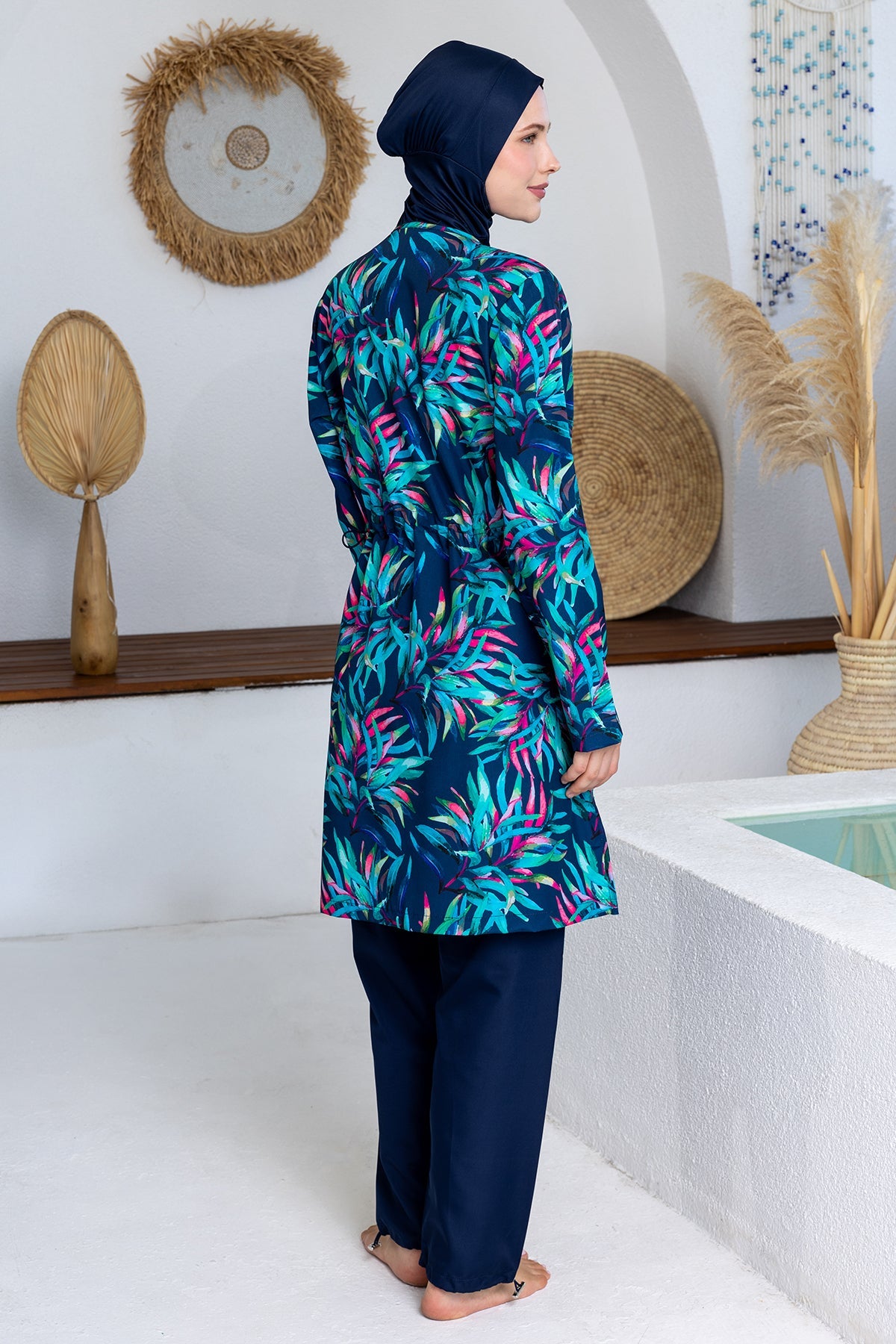 Cerise Leaf Print Maxi Burkini – Long Sleeve  Voile