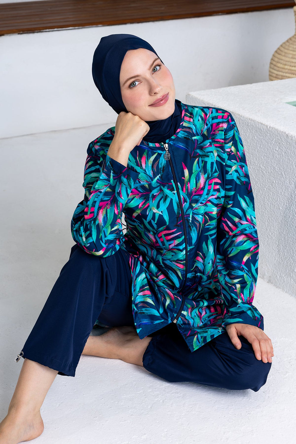 Cerise Leaf Print Maxi Burkini – Long Sleeve  Voile