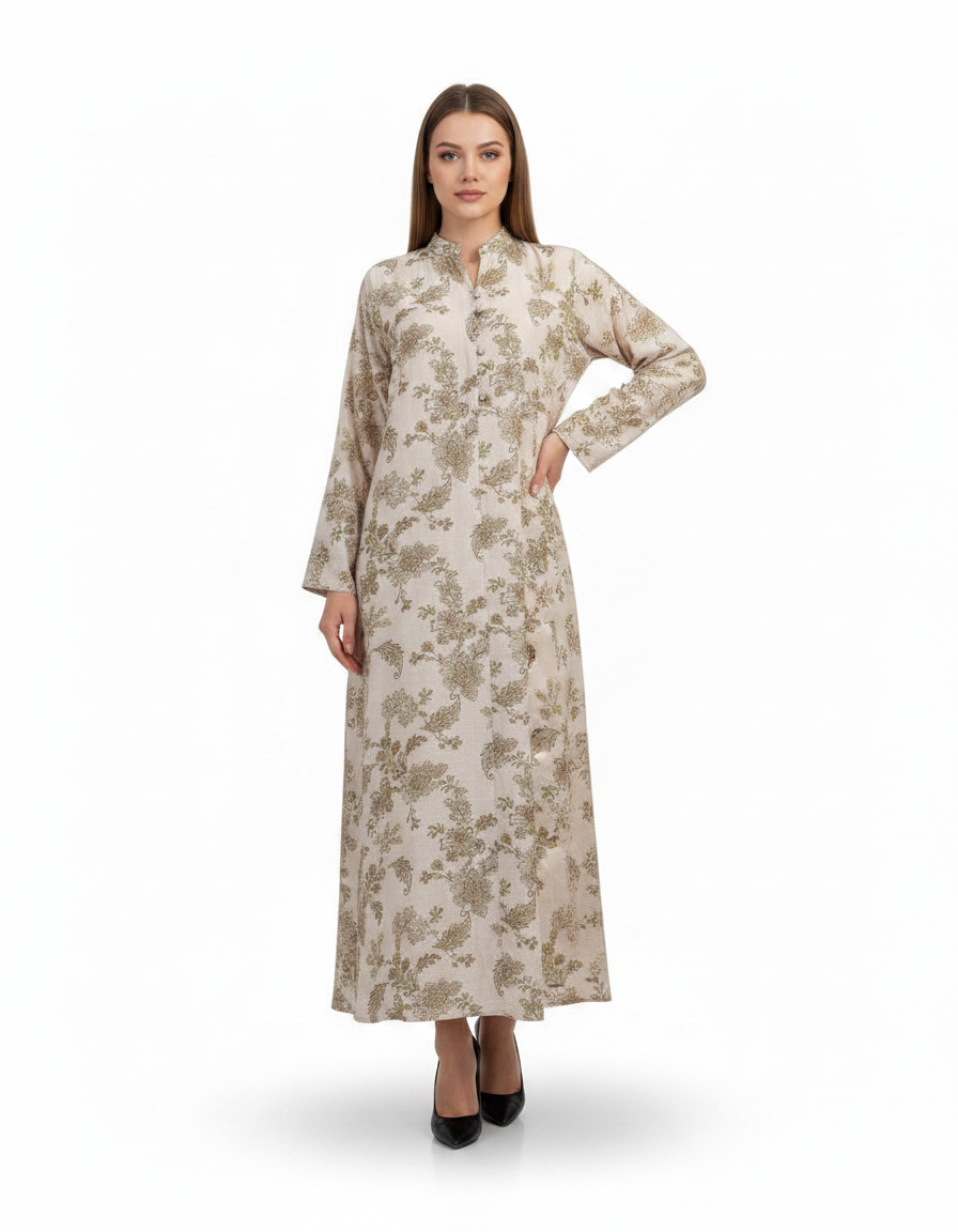 Rima Leaf Print Maxi Dress – V-Neck  Elora