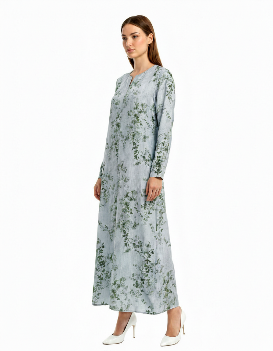 Rima Leaf Print Maxi Dress – V-Neck  Elora