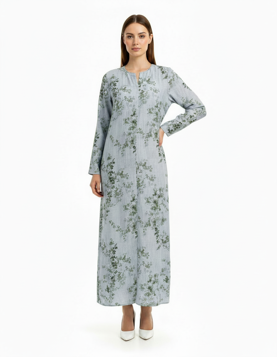 Rima Leaf Print Maxi Dress – V-Neck  Elora