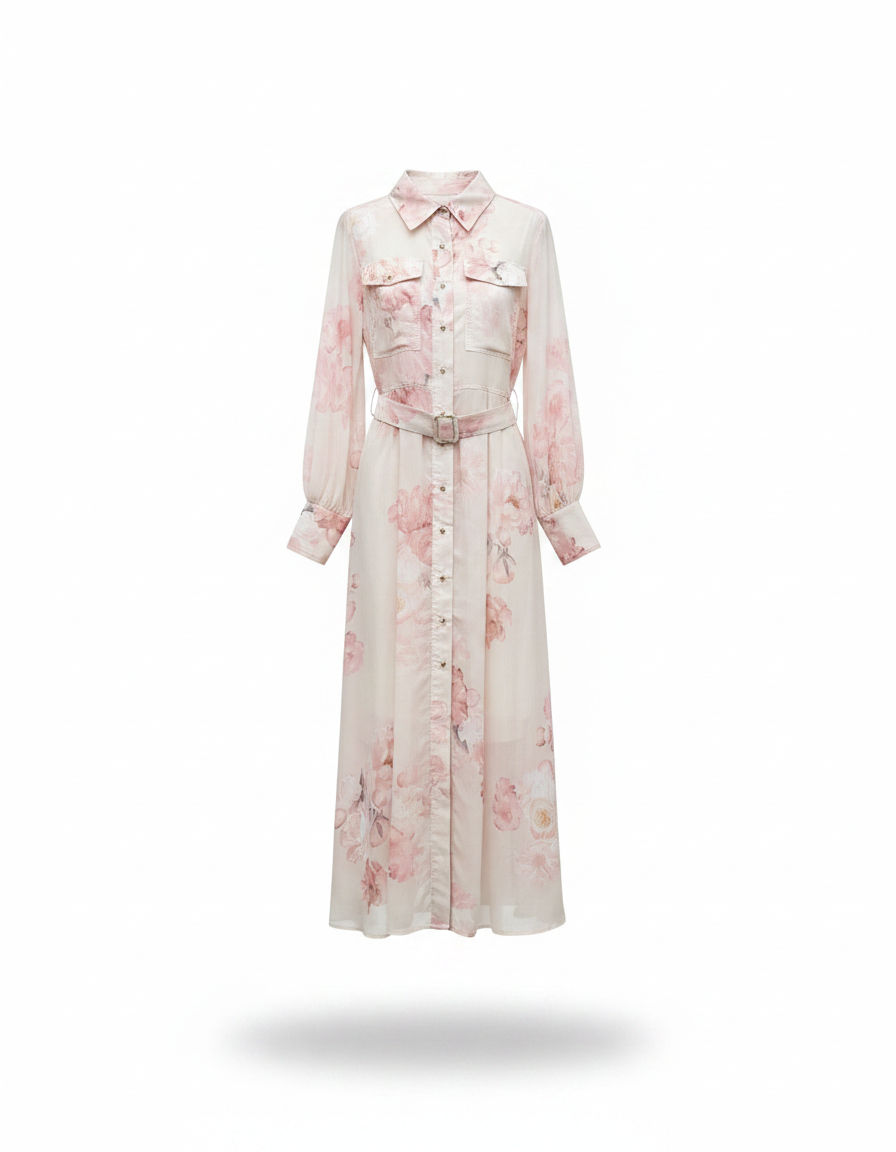 Amira Floral Maxi Dress – Button-Front Collared  Elora