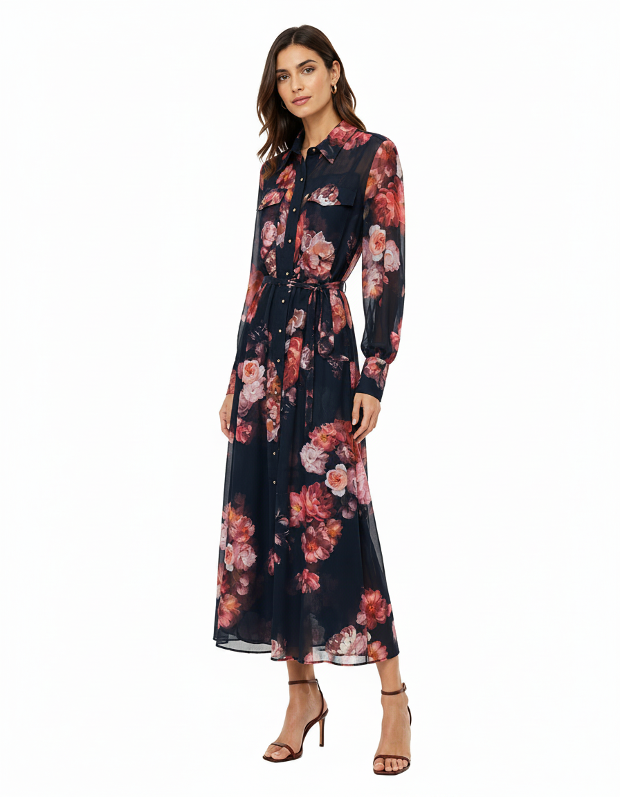 Amira Floral Maxi Dress – Button-Front Collared  Elora