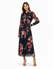 Amira Floral Maxi Dress – Button-Front Collared  Elora