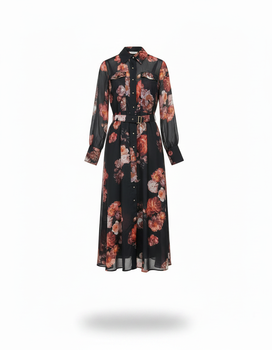 Amira Floral Maxi Dress – Button-Front Collared  Elora