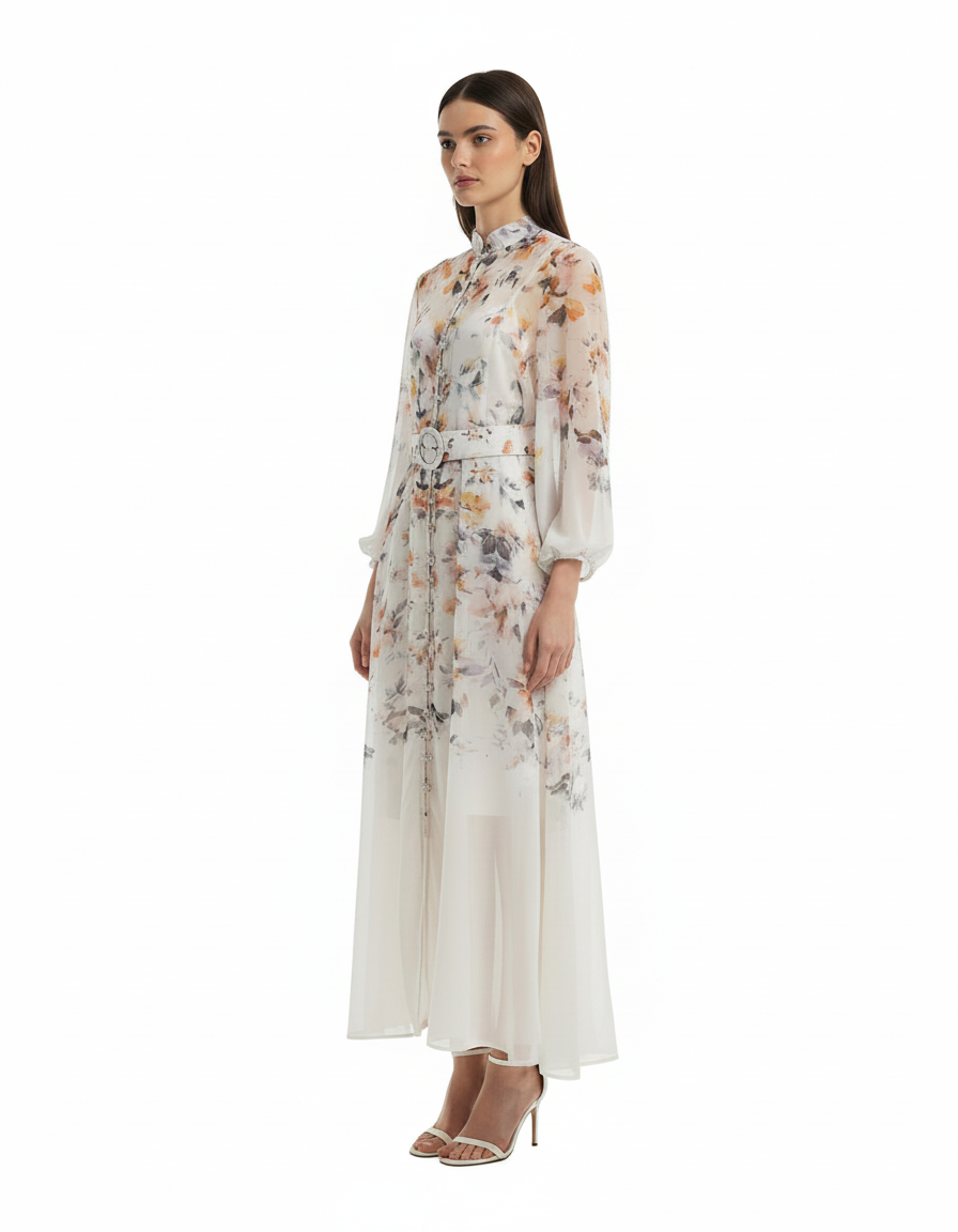 Karima Floral Maxi Dress – Button-Front Long Sleeve  Elora