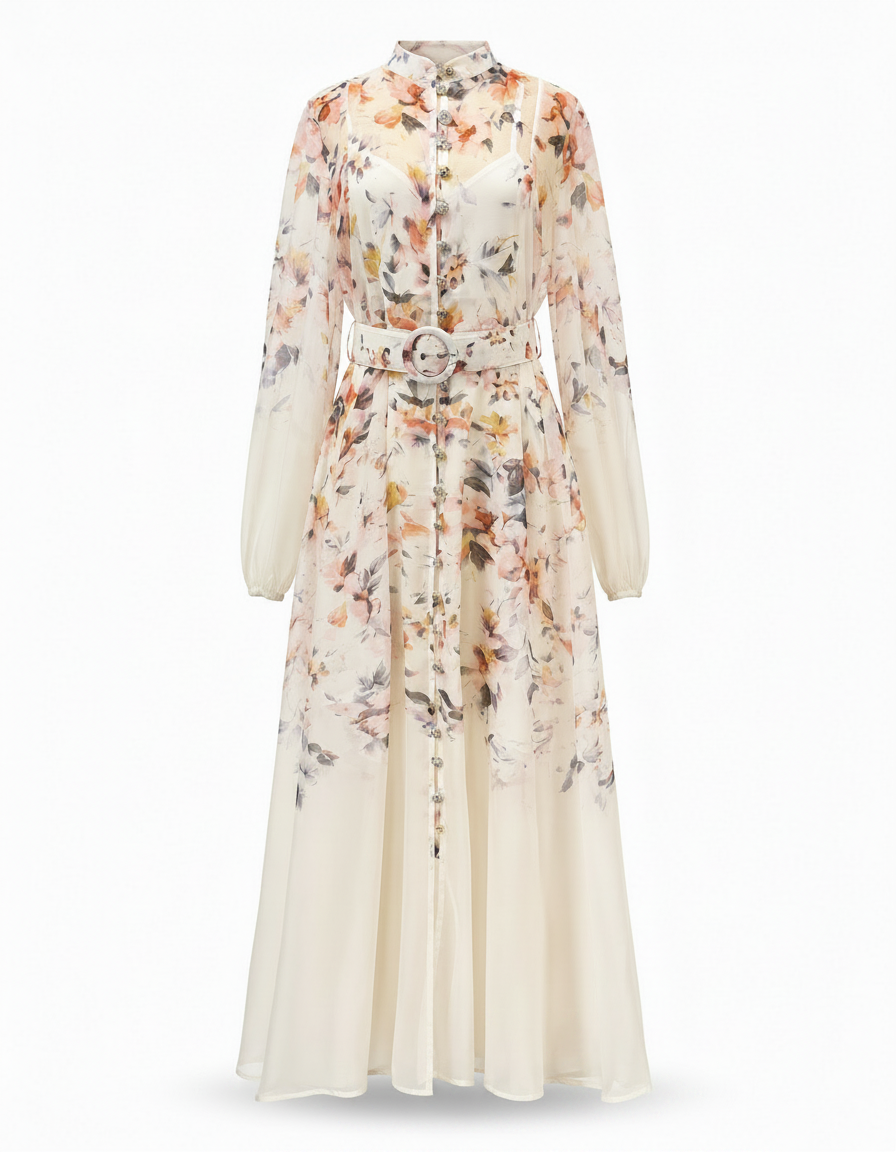 Karima Floral Maxi Dress – Button-Front Long Sleeve  Elora