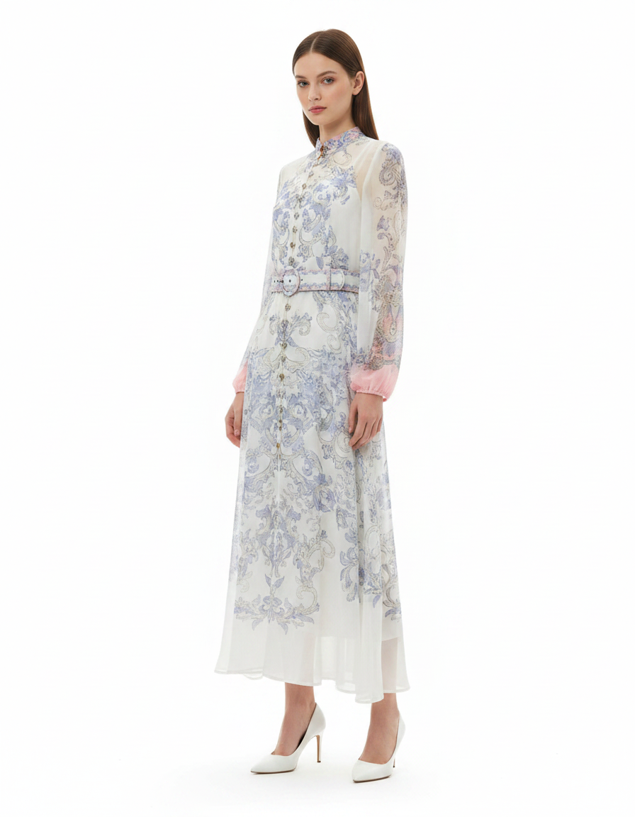 Lubna Floral Maxi Dress – Button-Front Long Sleeve  Elora