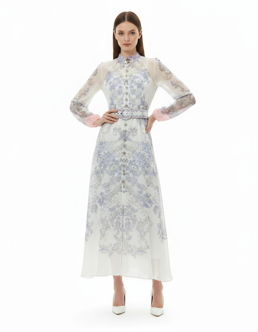 Lubna Floral Maxi Dress – Button-Front Long Sleeve  Elora