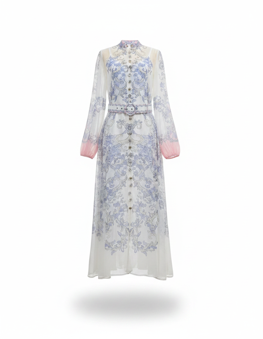 Lubna Floral Maxi Dress – Button-Front Long Sleeve  Elora