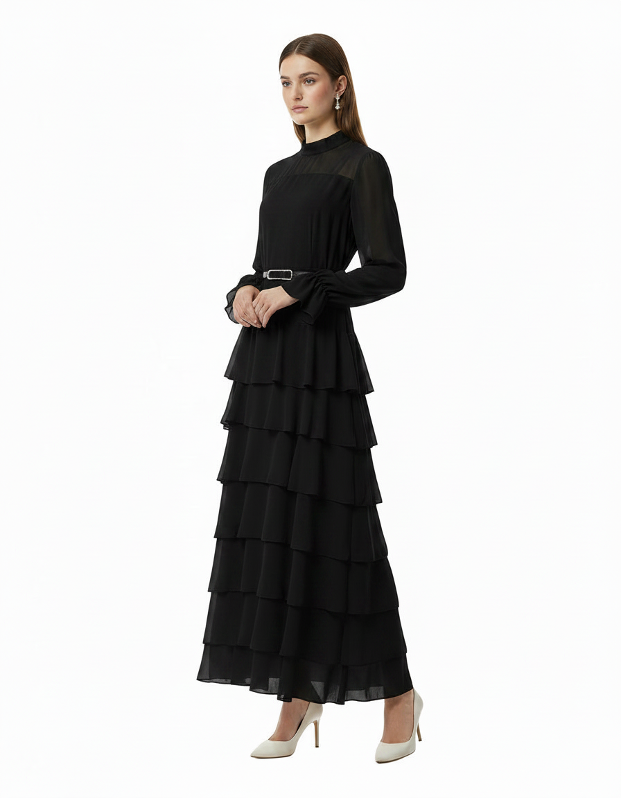 Mira Elegant Maxi Dress – Belted Long Sleeve  Elora