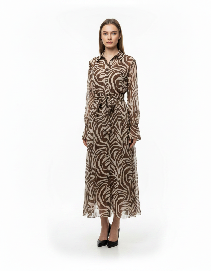 Nadine Animal Print Maxi Dress – Button-Front Collared  Elora