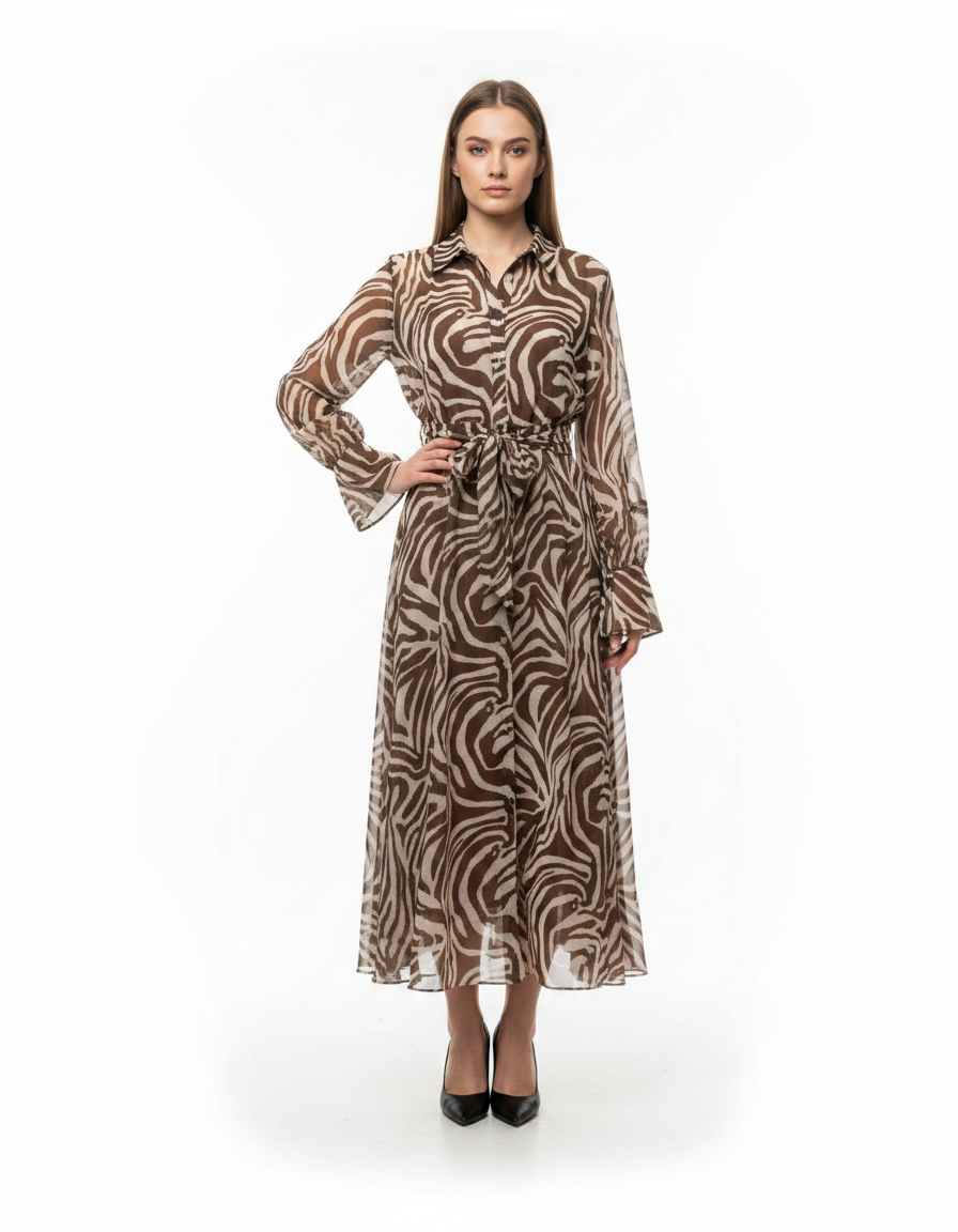 Nadine Animal Print Maxi Dress – Button-Front Collared  Elora