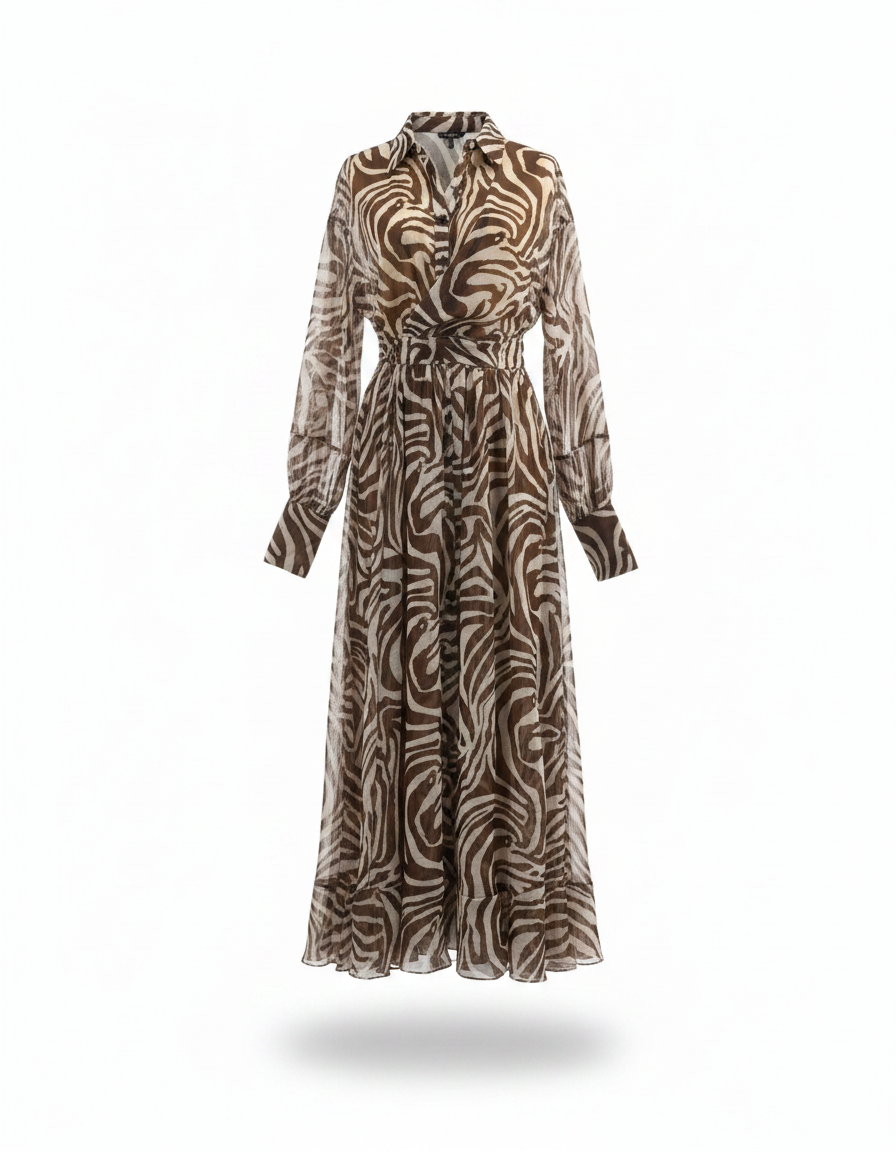 Nadine Animal Print Maxi Dress – Button-Front Collared  Elora