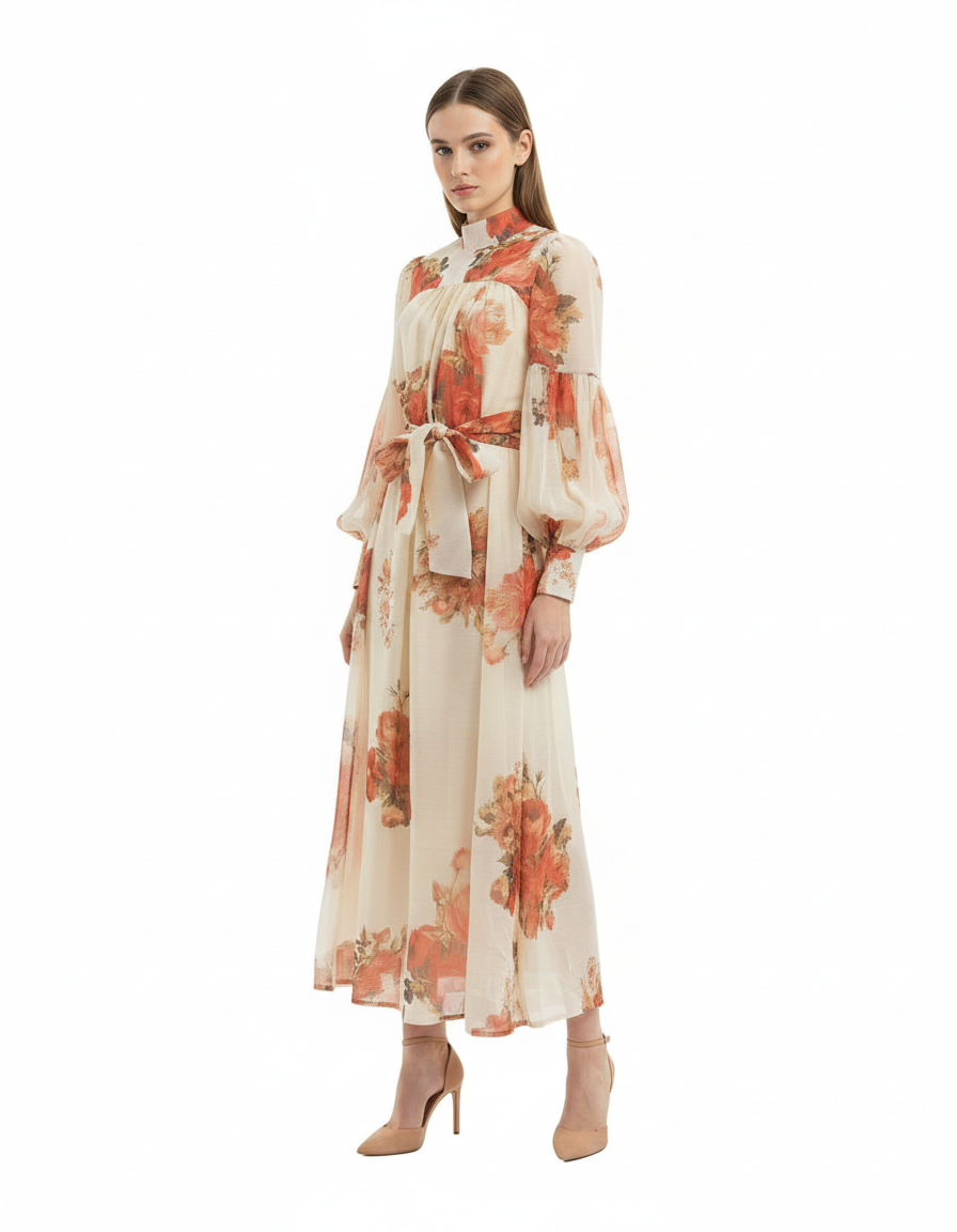 Naila Watercolor Maxi Dress – Belted Long Sleeve  Elora