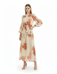 Naila Watercolor Maxi Dress – Belted Long Sleeve  Elora