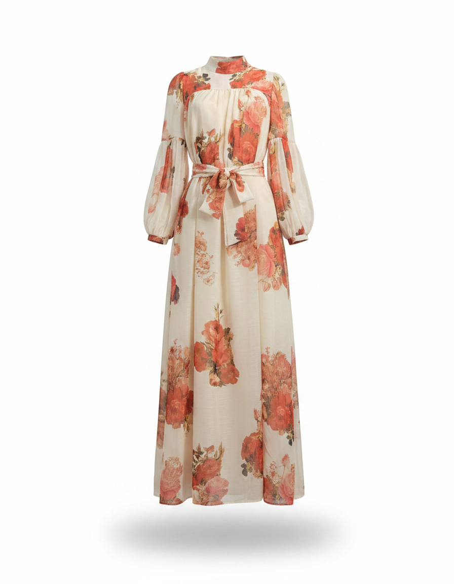 Naila Watercolor Maxi Dress – Belted Long Sleeve  Elora