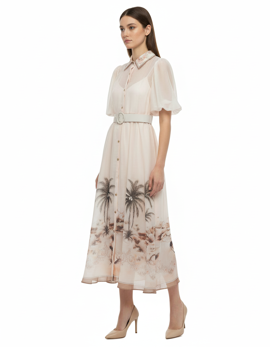 Nahla Tropical Maxi Dress – Button-Front Collared  Elora