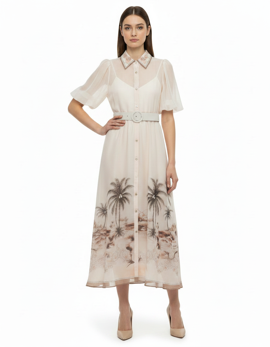 Nahla Tropical Maxi Dress – Button-Front Collared  Elora