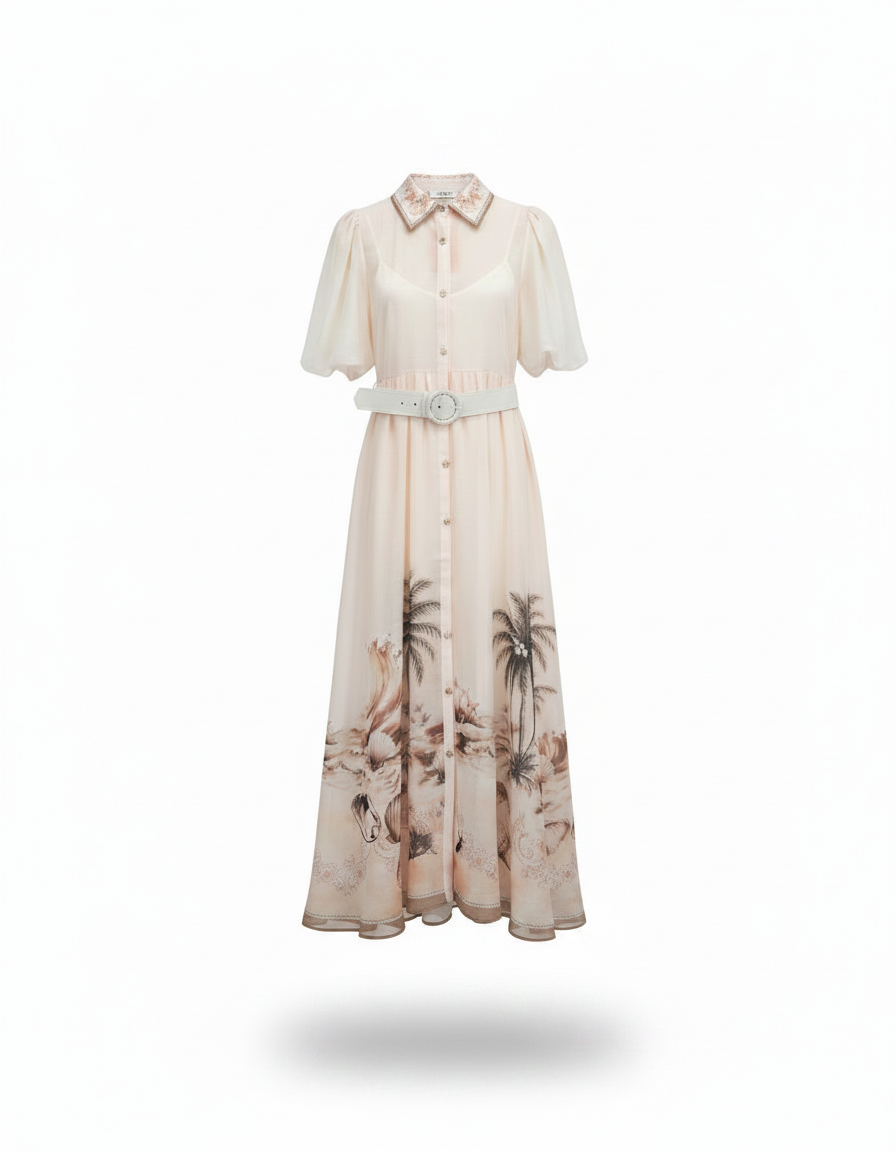 Nahla Tropical Maxi Dress – Button-Front Collared  Elora
