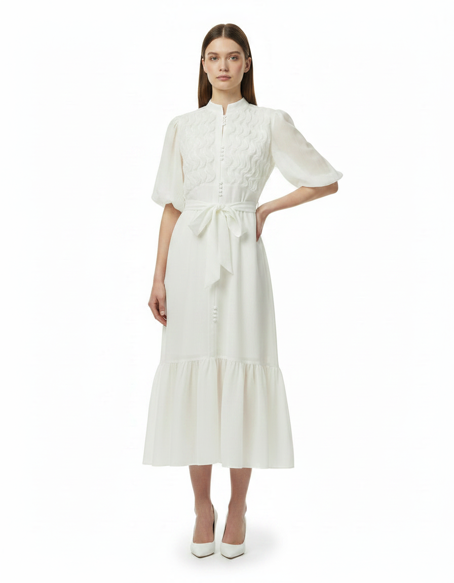 Nawal Elegant Maxi Dress – Button-Front Elbow Sleeve  Elora