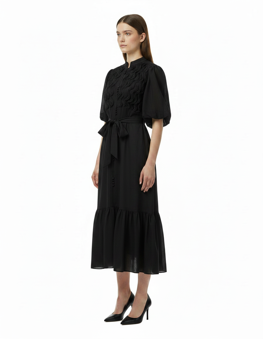 Nawal Elegant Maxi Dress – Button-Front Elbow Sleeve  Elora