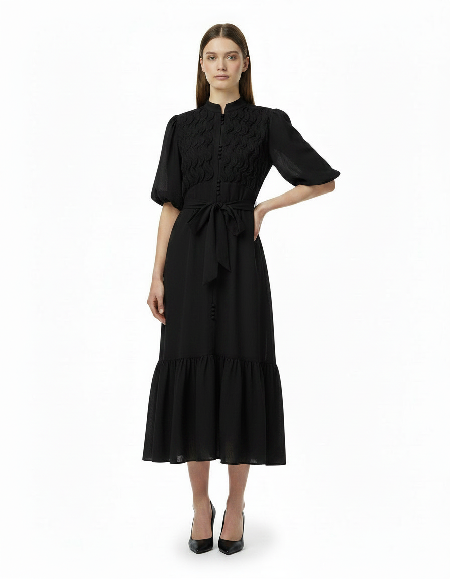 Nawal Elegant Maxi Dress – Button-Front Elbow Sleeve  Elora