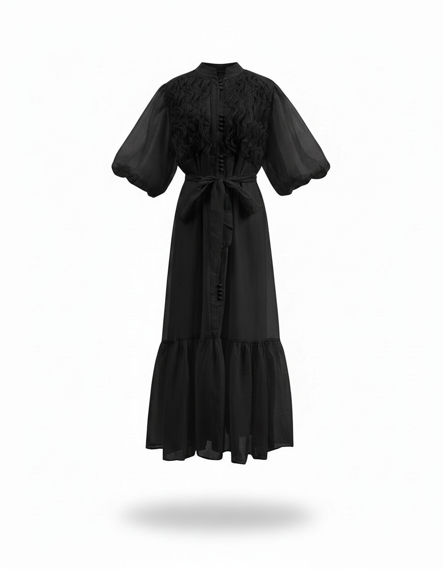 Nawal Elegant Maxi Dress – Button-Front Elbow Sleeve  Elora