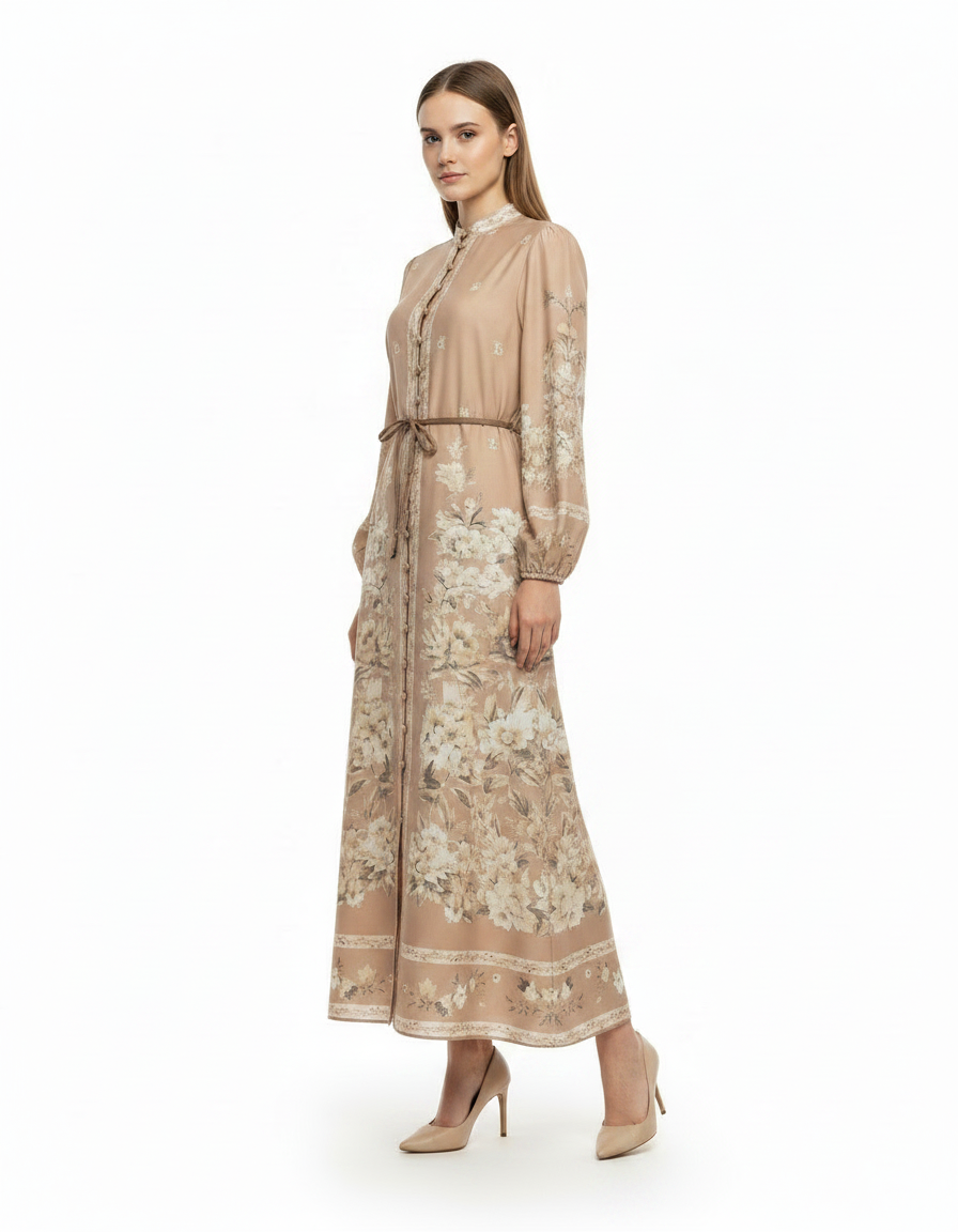 Rahaf Floral Maxi Dress – Button-Front Long Sleeve  Elora