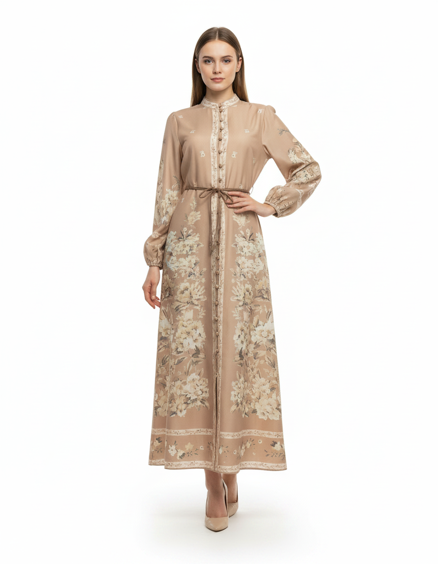 Rahaf Floral Maxi Dress – Button-Front Long Sleeve  Elora