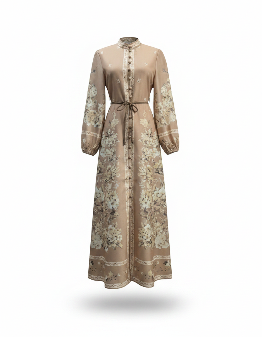 Rahaf Floral Maxi Dress – Button-Front Long Sleeve  Elora