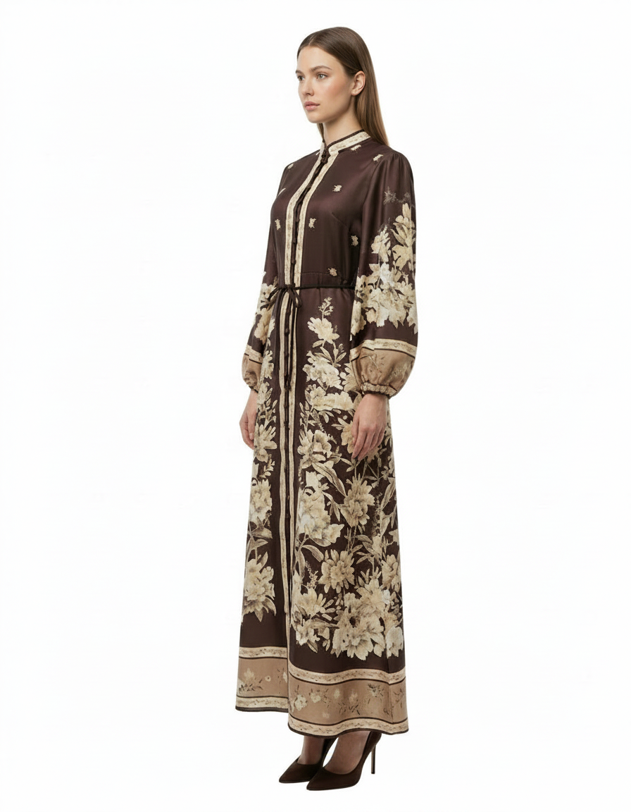 Rahaf Floral Maxi Dress – Button-Front Long Sleeve  Elora