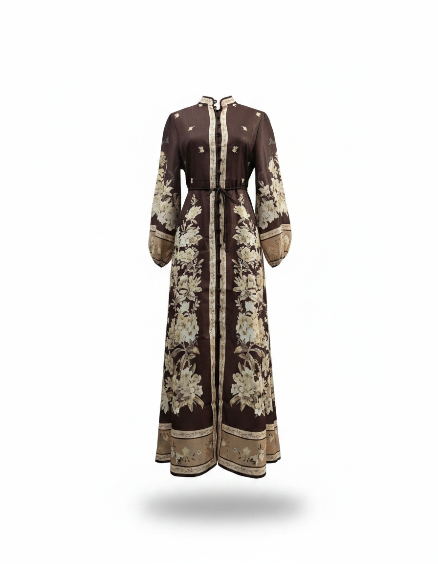 Rahaf Floral Maxi Dress – Button-Front Long Sleeve  Elora