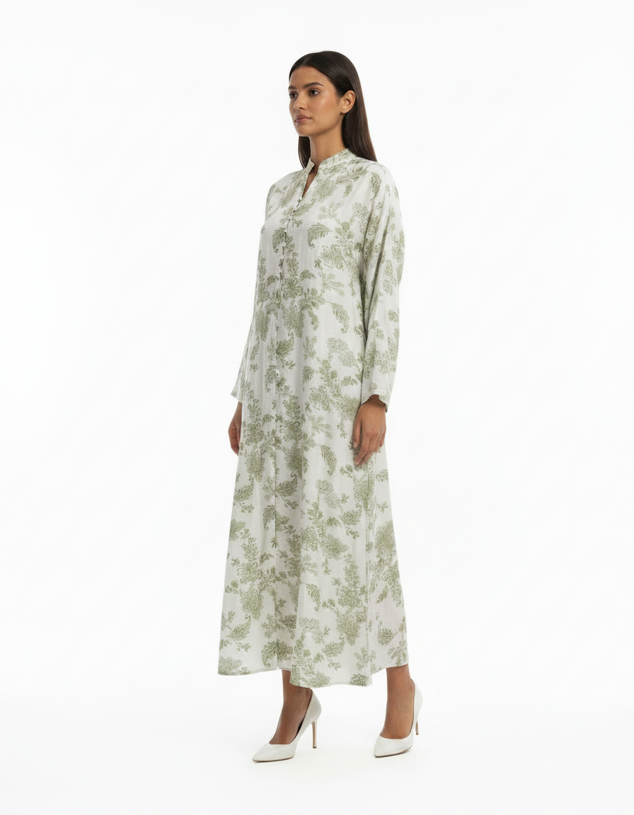 Safa Leaf Print Maxi Dress – Button-Front V-Neck  Elora