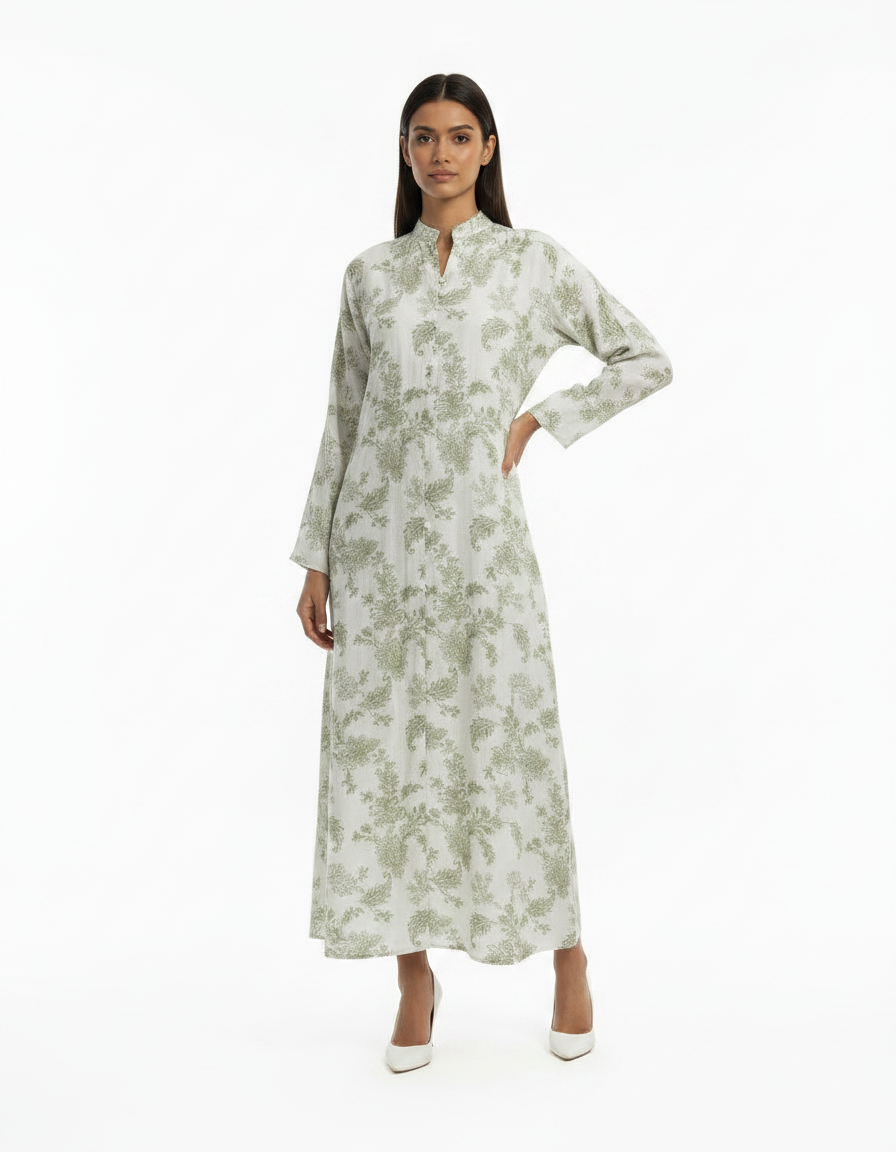 Safa Leaf Print Maxi Dress – Button-Front V-Neck  Elora