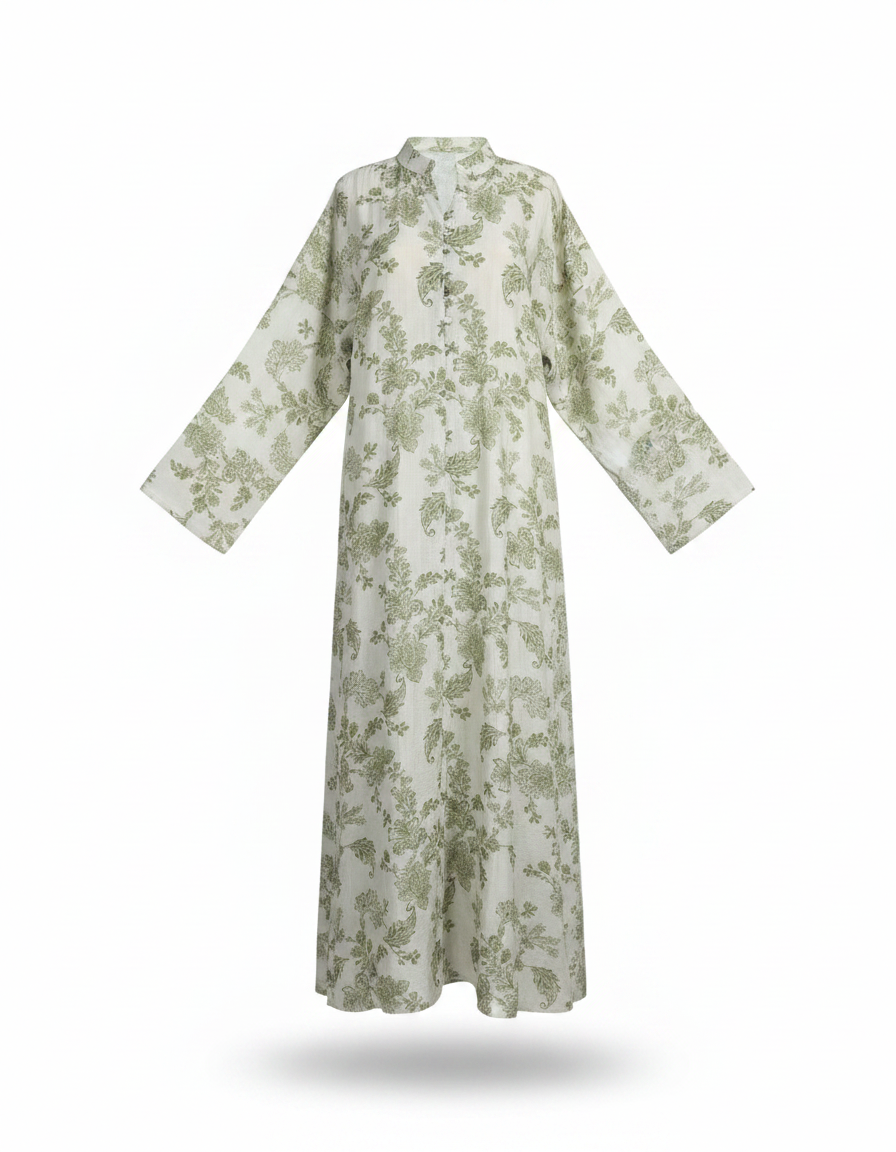 Safa Leaf Print Maxi Dress – Button-Front V-Neck  Elora