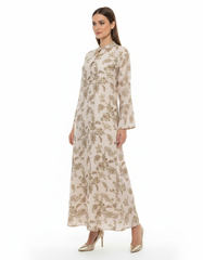 Safa Leaf Print Maxi Dress – Button-Front V-Neck  Elora