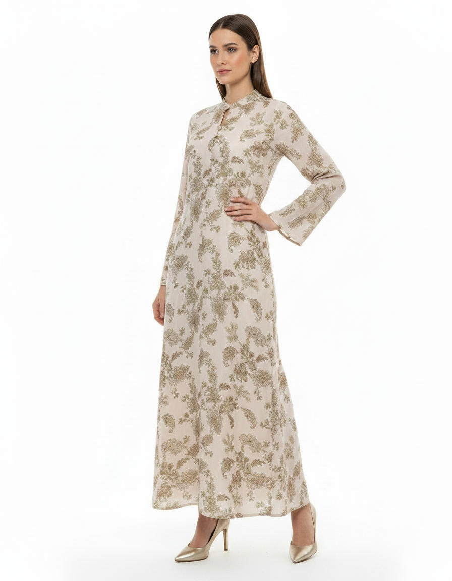 Safa Leaf Print Maxi Dress – Button-Front V-Neck  Elora