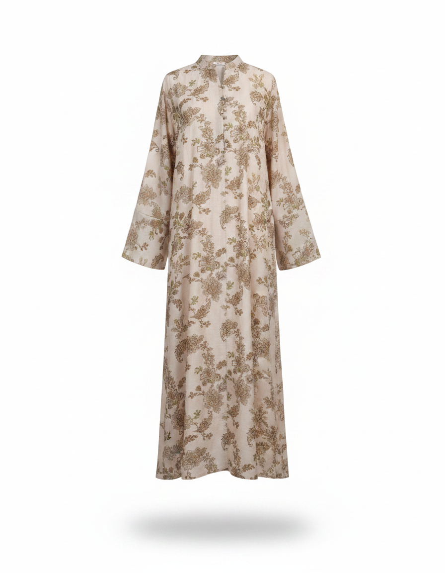 Safa Leaf Print Maxi Dress – Button-Front V-Neck  Elora