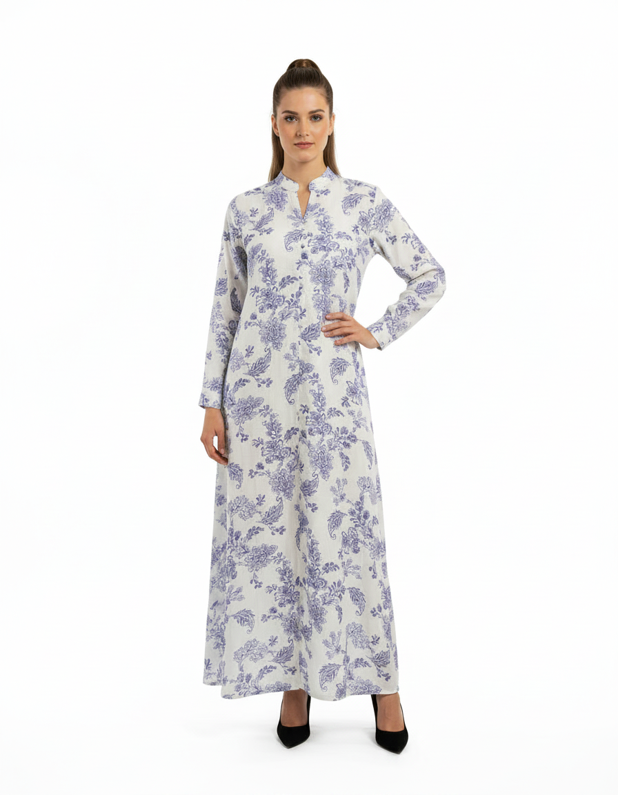 Safa Leaf Print Maxi Dress – Button-Front V-Neck  Elora