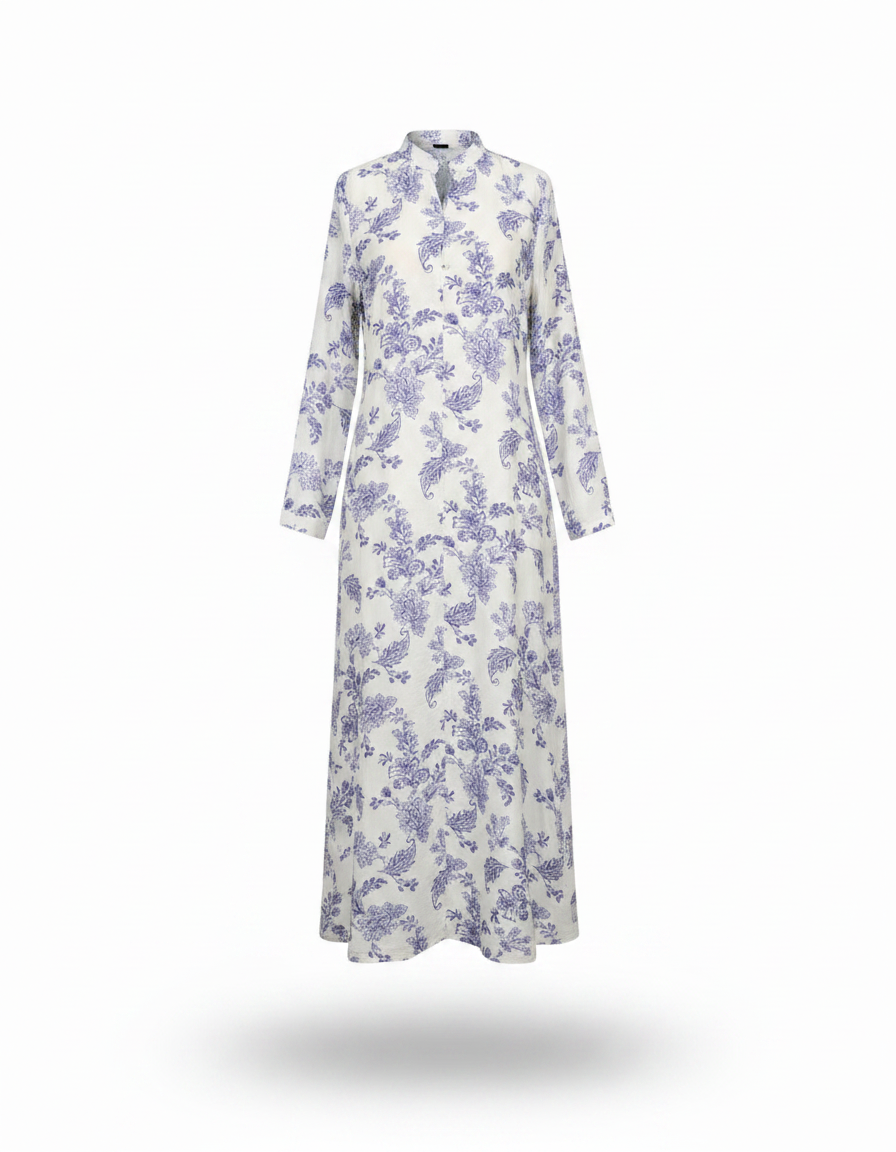 Safa Leaf Print Maxi Dress – Button-Front V-Neck  Elora